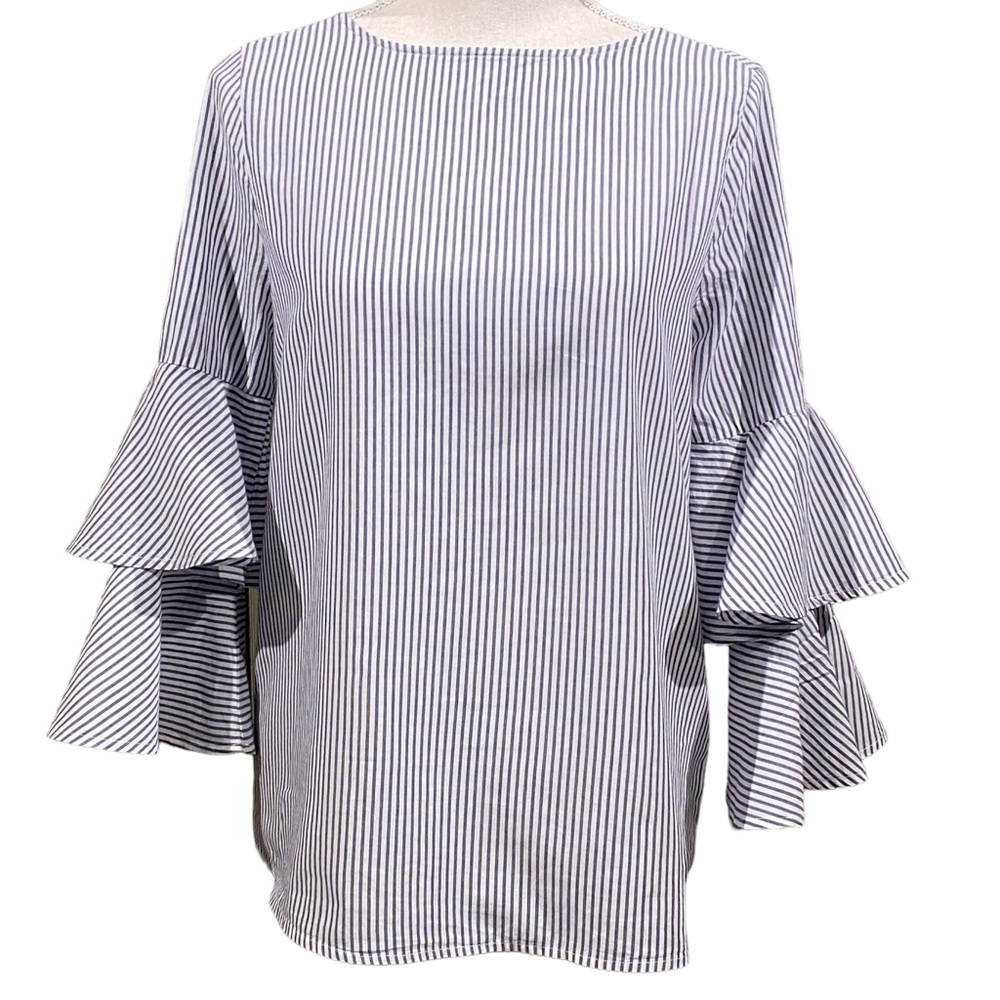 Beach lunch lounge Railroad Stripe Cotton Top S Ruffle Tiered Sleeve Beach